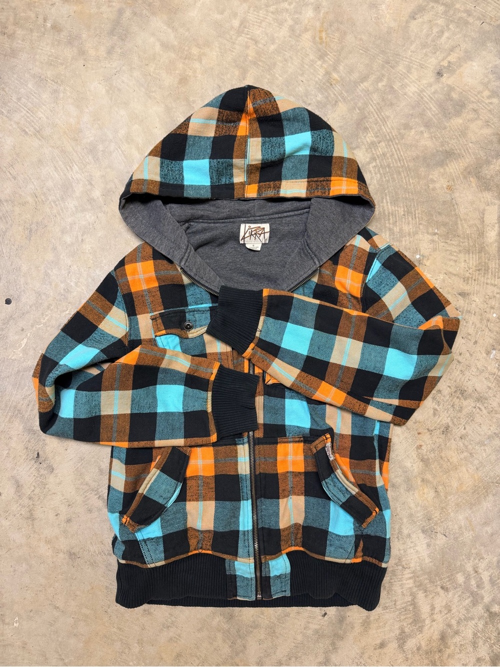 Kirra Teal, Orange & Black Plaid Hooded Zip Jacket